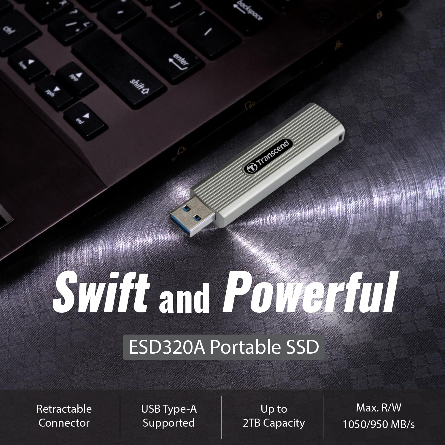 Transcend 1TB External SSD, USB 3.2 Gen2, Up to 1,050MB/s, Portable SSD with Type A, Retractable Connector Metal Case, for Notebook, Desktop, Smart TV, Silver - Image 4