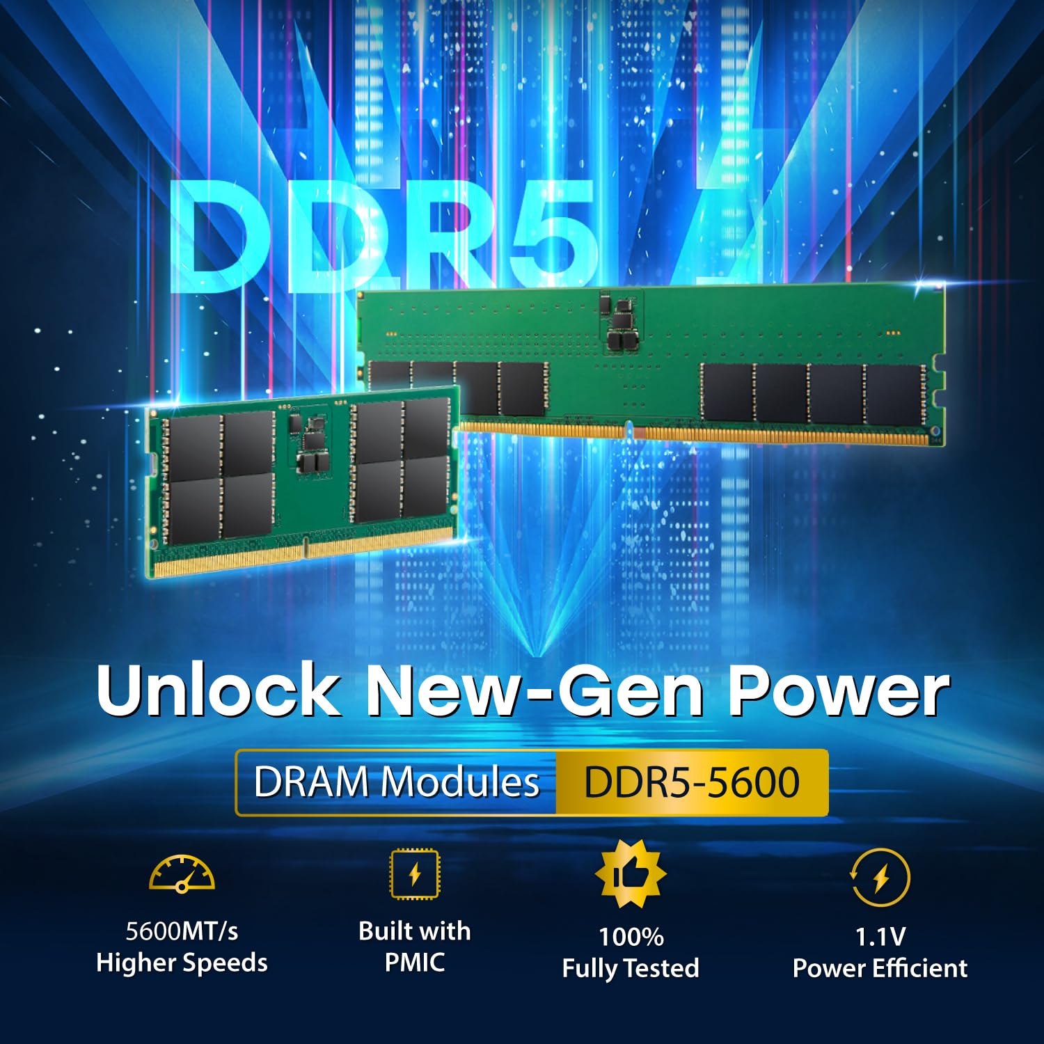 Transcend 16GB DDR5 5600MHz (or 5200MHz or 4800MHz) UDIMM Desktop RAM, Compatible w/Intel & AMD Ryzen, Desktop PC Computer RAM Memory Upgrade Modules, On-die ECC PC5-44800 1Rx8 CL46 2Gx8 1.1V 288Pin - Image 3